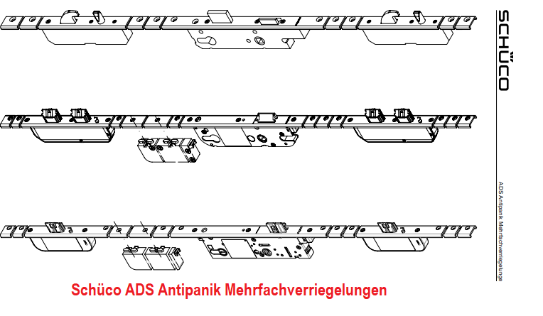 Schüco ADS Antipanik-Mehrfachverriegelungen, Antipanik Schwenkhaken-Bolzenschloss, 4 Riegel-Fallenschloss „SafeMatic“ mit Antipanikfunktion, 3 Riegel-Fallenschloss „InterLock“ mit Antipanikfunktion 